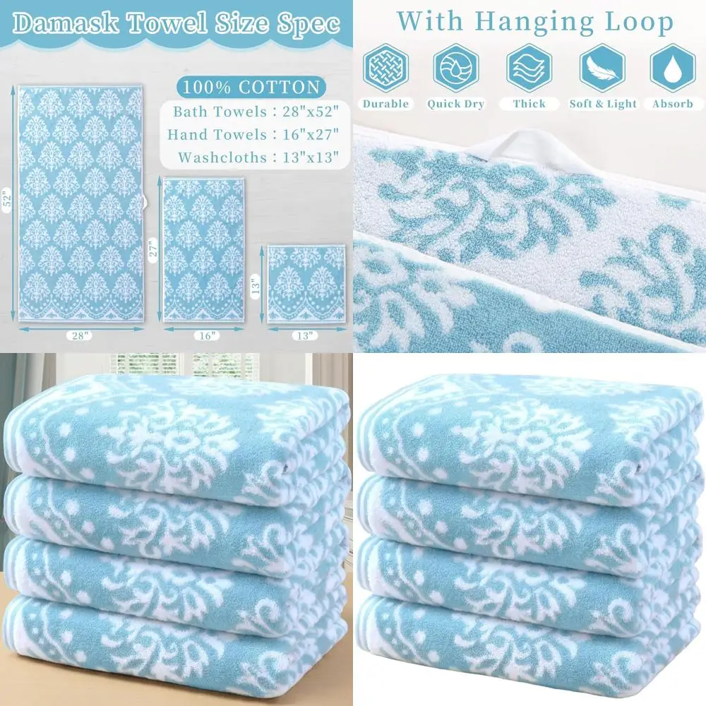 

4-Pack 28x52 Cotton Bath Towels - Soft, Lightweight, Quick-Drying, Absorbent, Decorative Aqua & White Damask