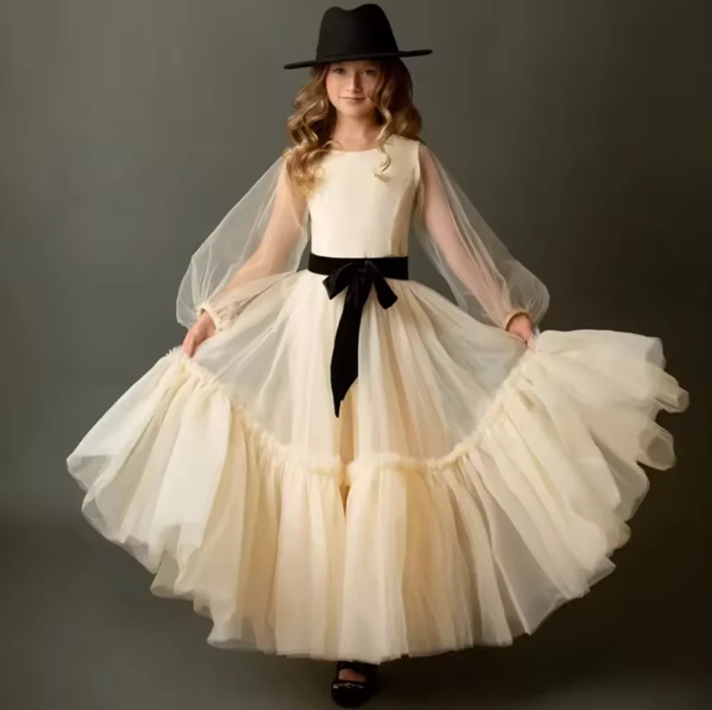 

Elegant Champagne Long Sleeve Kids Flower Girl Dress Layered Skirt Communion Birthday Party Costume for Girls