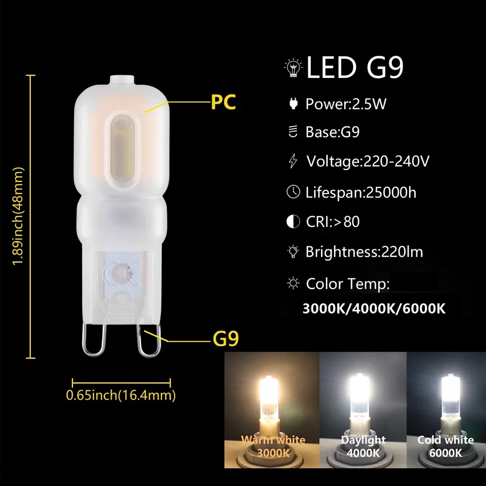 10 قطعة/الوحدة LED لمبة G9 Mini 3 واط AC220V خالية من الوميض الضوء الأبيض الدافئ يمكن أن تحل محل 20 واط 50 واط مصباح هالوجين مناسبة لمصابيح الكريستال