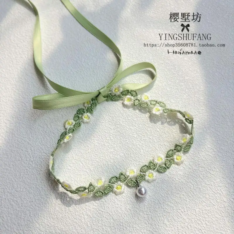 Spring Elegant Light Green Clavicle Chain Hand Made Lace Necklace Kawaii Women Jewelry Anime Cosplay Accessory