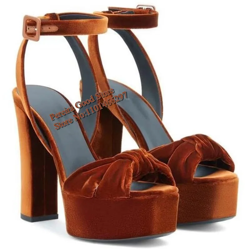 Hot Selling Chunky Heels Sandals Ankle Strap High Platform Peep Toe Dress Shoes Brown Red Black Velvet Sqaure Heels Dress Shoes - view 3