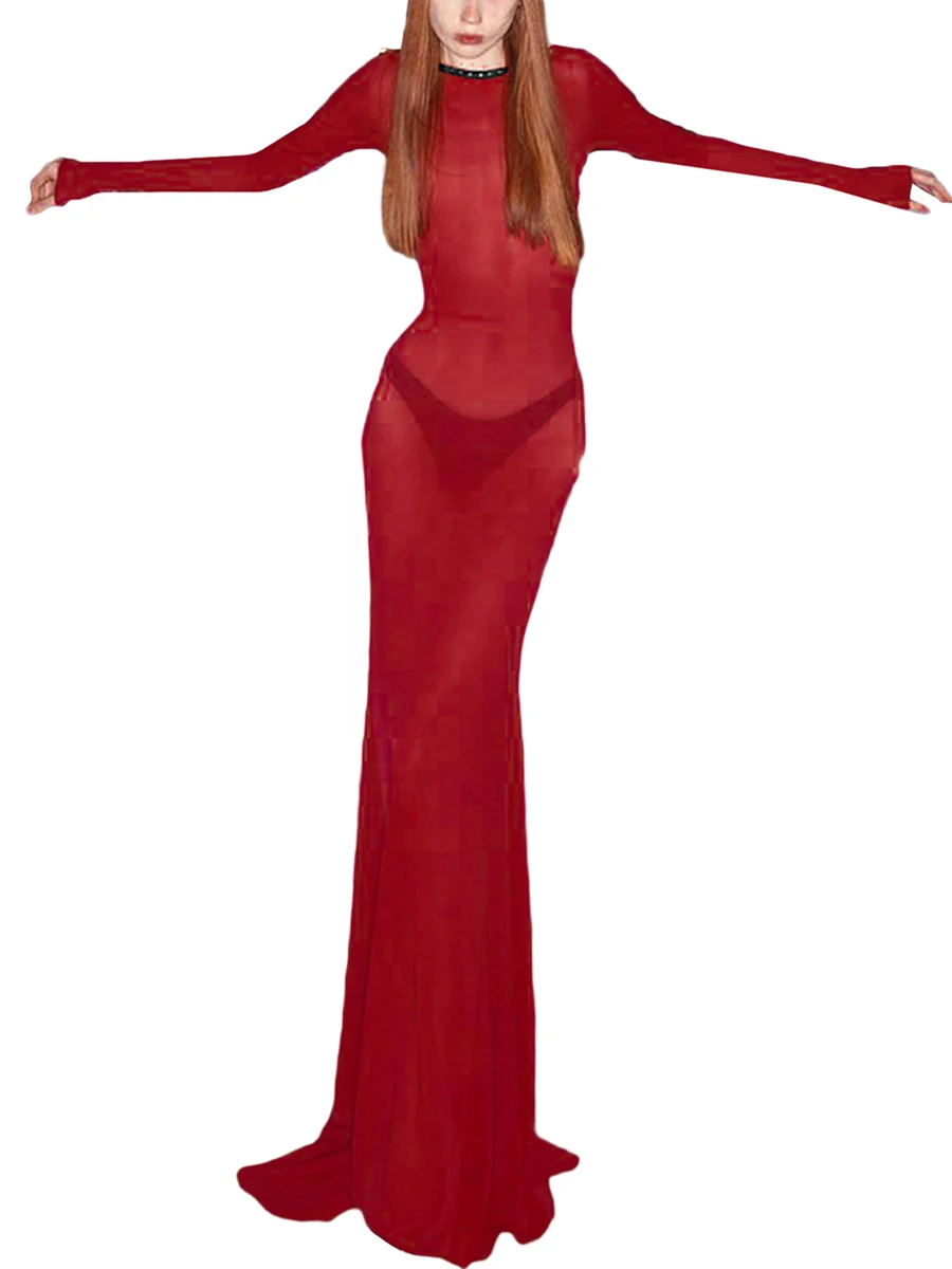 فستان نسائي طويل شفاف ، لون واحد ، فستان شبكي شفاف ، أكمام طويلة ، ربطة عنق متقاطعة ، عارية الذراعين ، حفلة مسائية