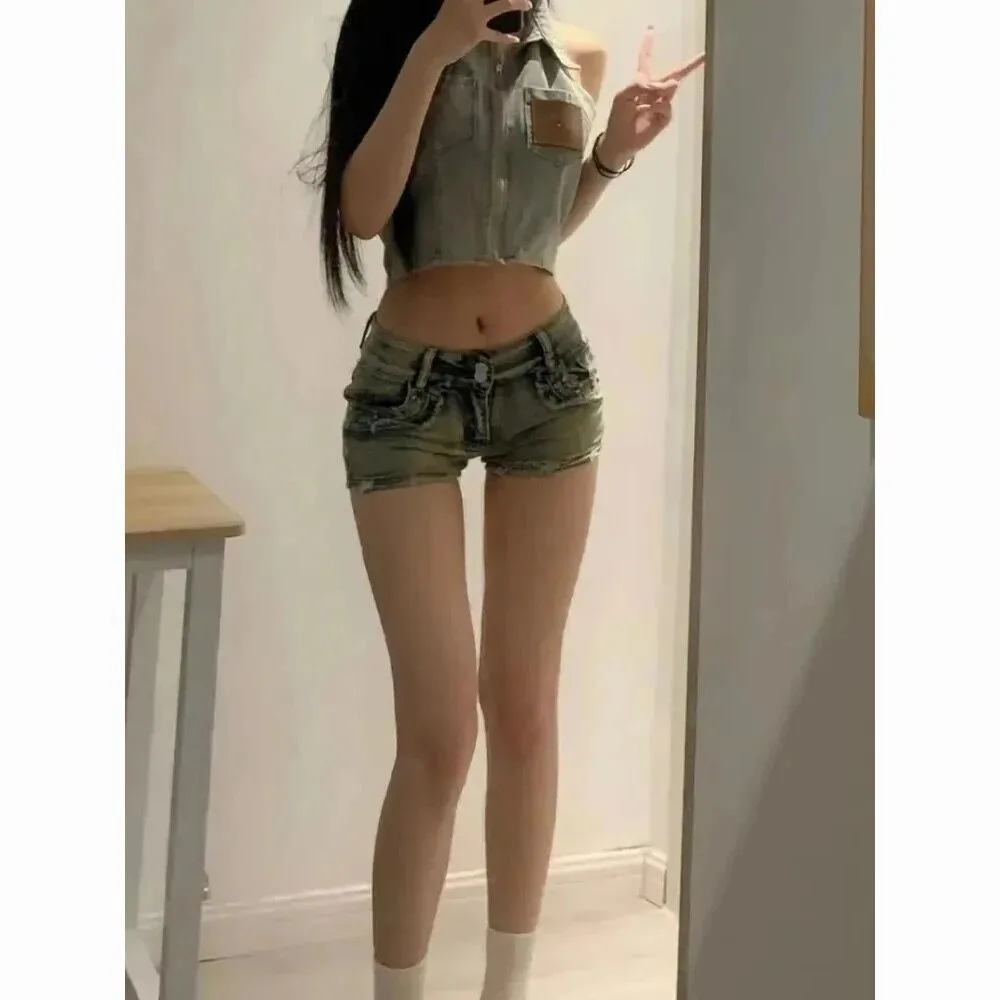 شورت جينز أمريكي هوت جيرل ليو دينغ منخفض الخصر للنساء بقصة ضيقة وسراويل ضيقة على الورك ساخنة عصرية