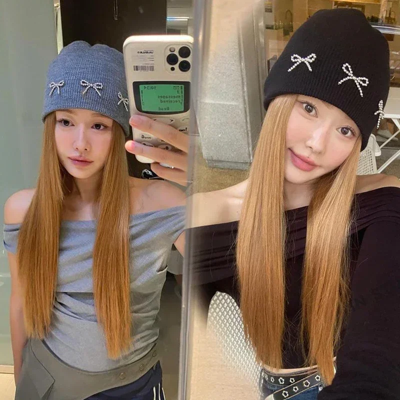 

Korean Metal Bow Knitted Hat Ins Style Cute Y2K Girls' Hat Autumn and Winter Personalized Fashion Warm Ear Protection Hat