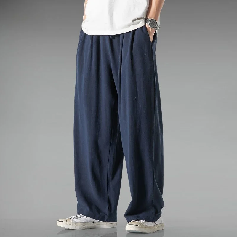 

Summer Large Size Linen Cotton Casual Pants Men's Comfortable Loose Wide Leg Pants Straight Cut Long Trousers Casual Sle