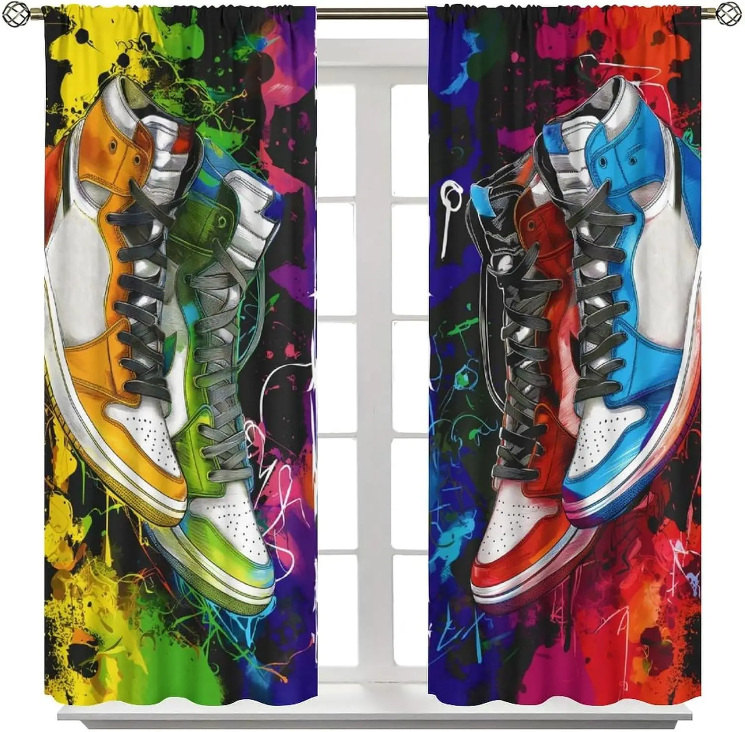 Streetwear Shoe Curtain Panels, Vibrant Graffiti Sneakers Paint Splatter Art Print Drapes for Youth Room Window Home Decor