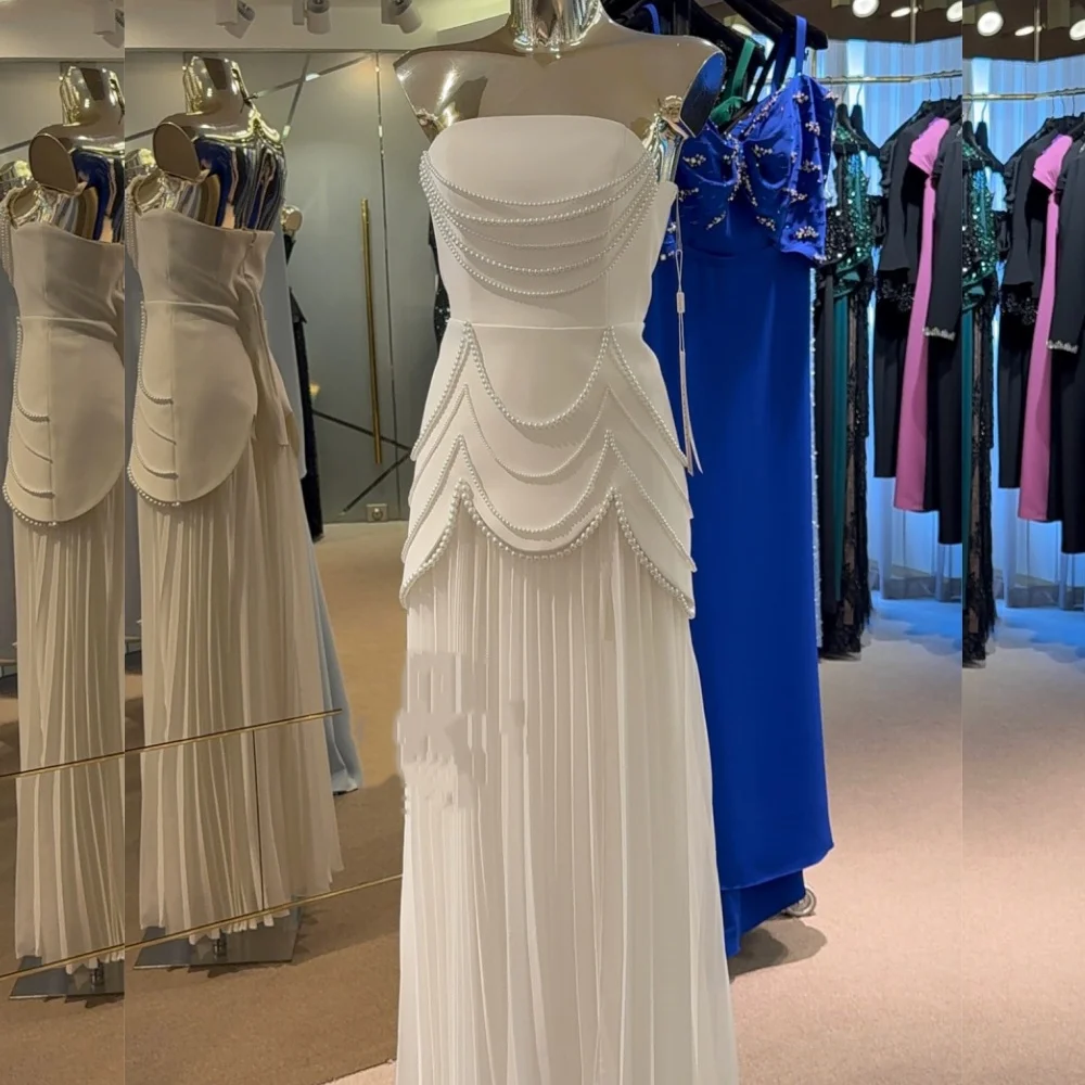 Gaun Panjang Tanpa Tali Model A-line Lipit Mutiara Chiffon Berkualitas Tinggi yang Dapat Disesuaikan untuk Acara Khusus Fashion Seksi