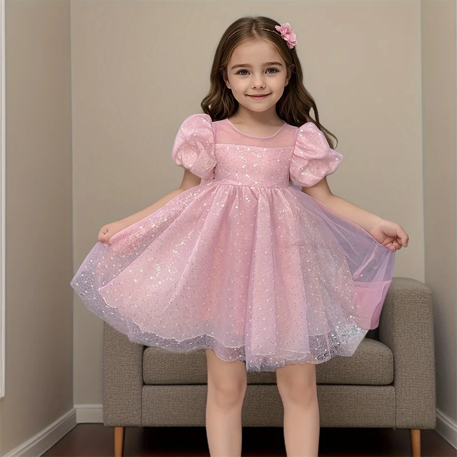 Children\'s A-line dress summer fashion sequin bubble sleeve mesh girl princess dress party dance dress clothing baby dress 3y-8y