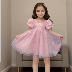 Children's A-line dress summer fashion sequin bubble sleeve mesh girl princess dress party dance dress clothing baby dress 3y-8y