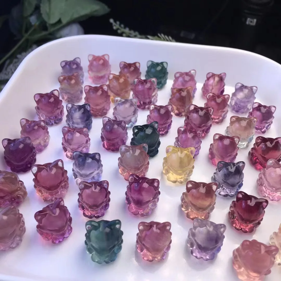10pcs Natural Colored Fluorite Fox Carving Crystal Animal Figurines Assorted Colors Carved Animal Crafts Gift