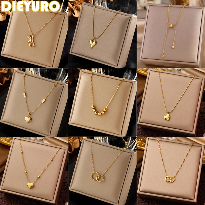 DIEYURO 316L Stainless Steel Simple Heart Love Circular Tassel Necklace Lady Trend Fashion Clavicle Chain Jewelry Glamorous Gift