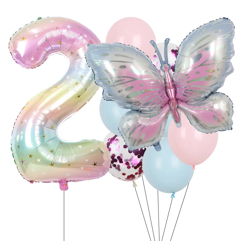 9Pcs Butterfly Balloon Birthday Decorations Set 38Inch Aluminum Foil Number Purple Butterfly Balloons for Birthday Party Decor