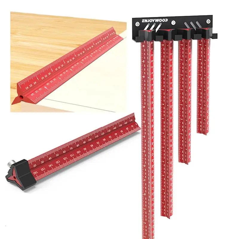 

4 in 1 Metric/British Dual-Purpose 6 Sided Woodworking Scriber Ruler 6/8/12/20inch Measuring Ruler with Hanging Rack