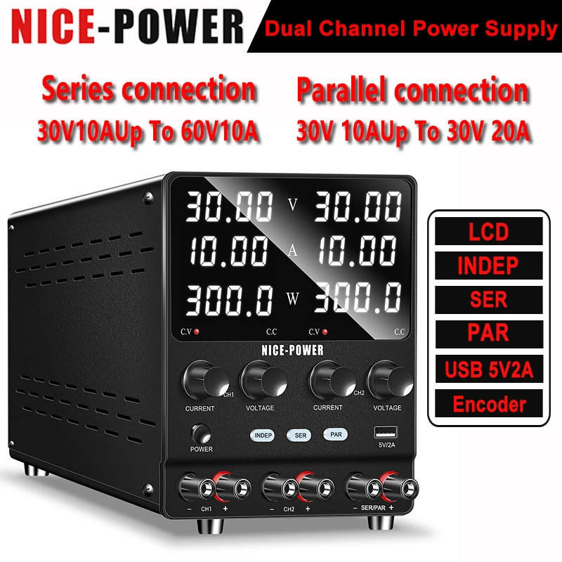 

SPS3010-2KD Dual-channel Variable DC Power Supply Lab 3 Modes INDEP/SER/PAR Dual Switching Voltage Regulator 4 Digits Digital