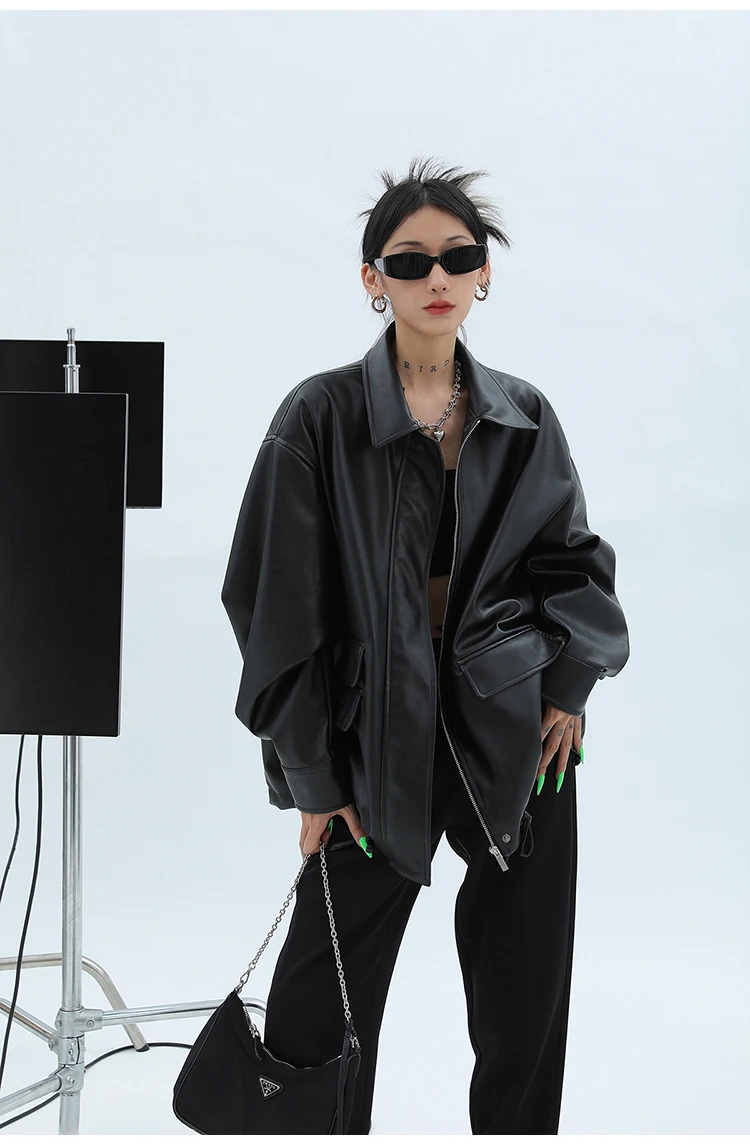 Lautaro Spring Autumn Oversized Casual Waterproof Black Soft Pu Leather Jacket Women with Drop Shoulder Long Sleeve Fashion 2022