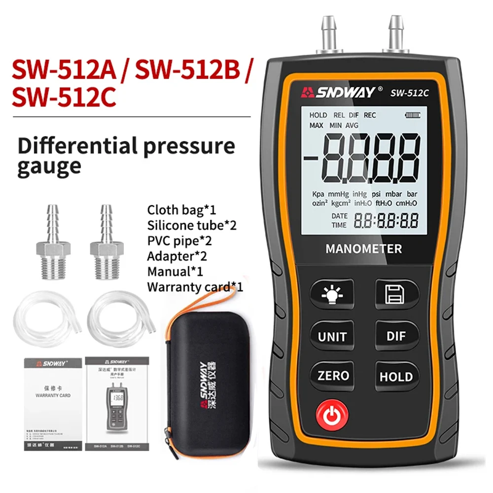 SNDWAY SW-512 A/B/C Manometer Digital Differential Detector Positive Negative Air Pressure Meter Professional KPa Gauge Kit Tool