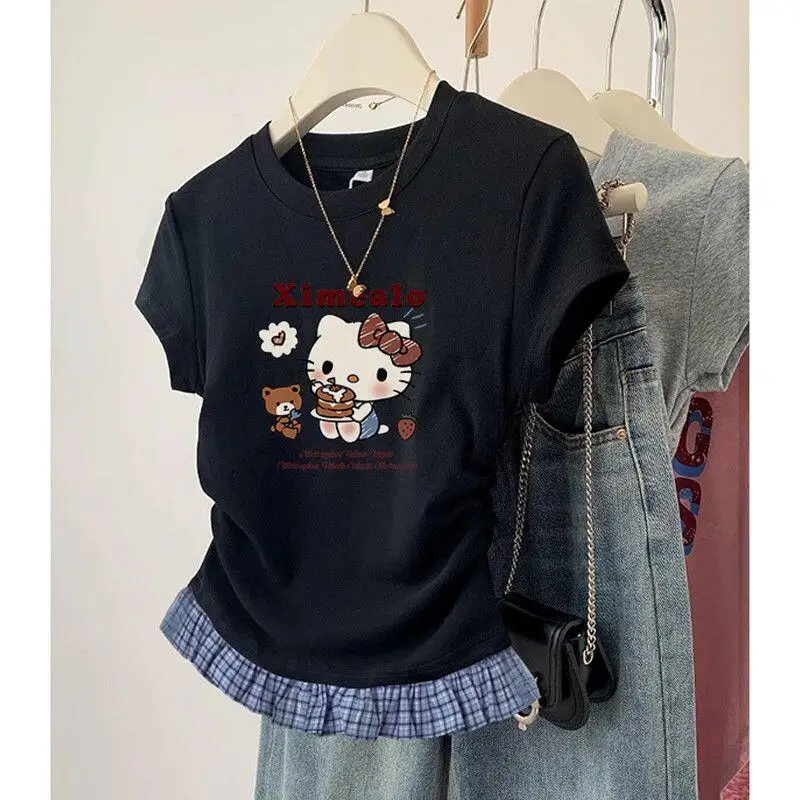 Short-Sleeved T-Shirt Hello Kitty Printed Patchwork Plaid Front Shoulder Women's Sanrio Summer Retro Slim Sweet Spicy Short Tops - view 3