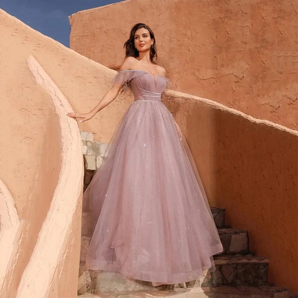 Pink Tulle A-Line Elegant Sparkly Sweetheart Illusion Prom Dress Exquisite Off Shoulder Backless Evening Gown Floor Length