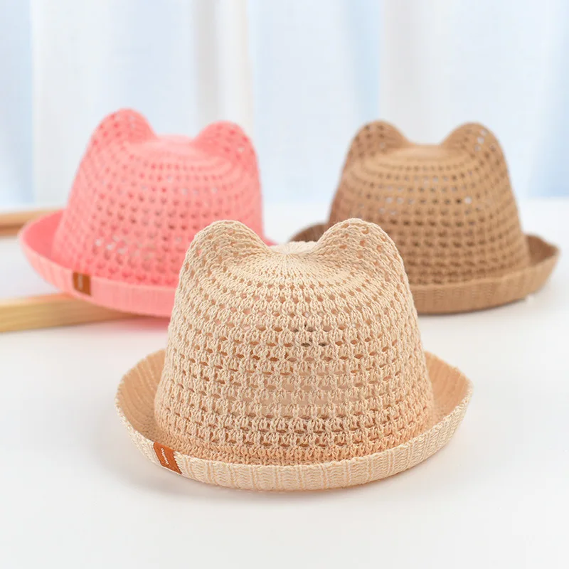 Chapeau de plage en paille avec oreilles de chat pour enfants, couvre-chef d\'extérieur respirant en coton pour garçons et filles, 2021