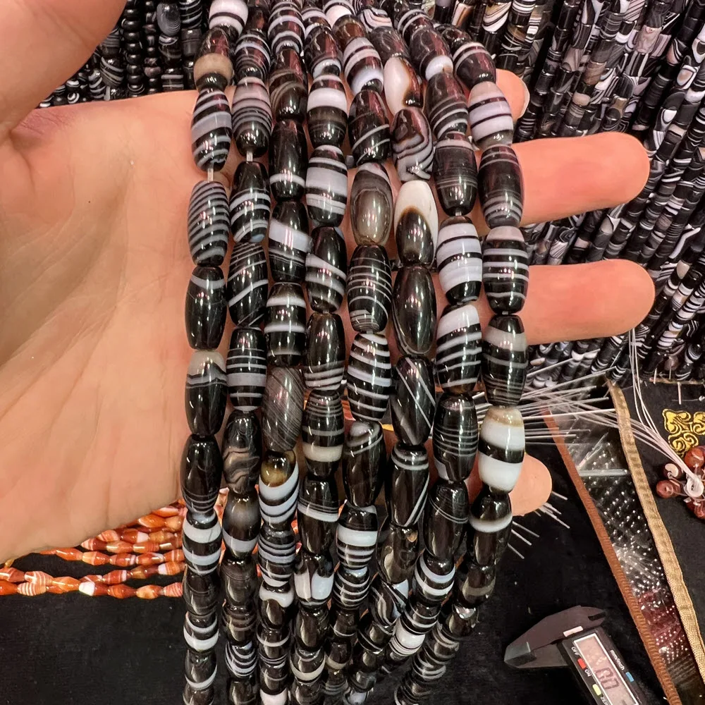 Natural Stone Black Striped Agate Stone Beads 6x16mm Oval Beads Beaded 15'' Strand For DIY Jewelry Making Bracelet Accessories