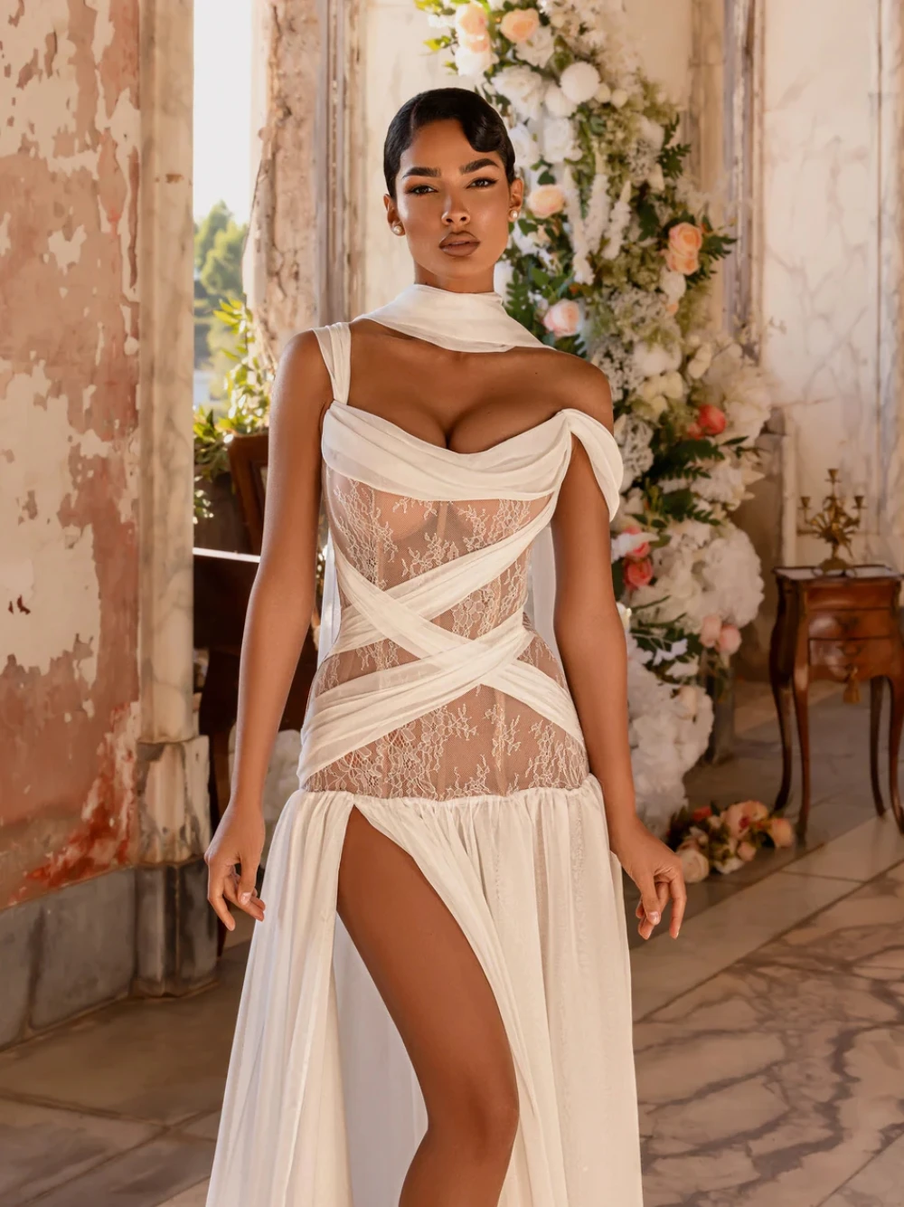 Charming Off Shoulder Wedding Dress With Lace Cutout & High Slit Unique Chiffon Sexy Bridal Gown With Draped Detail Customized