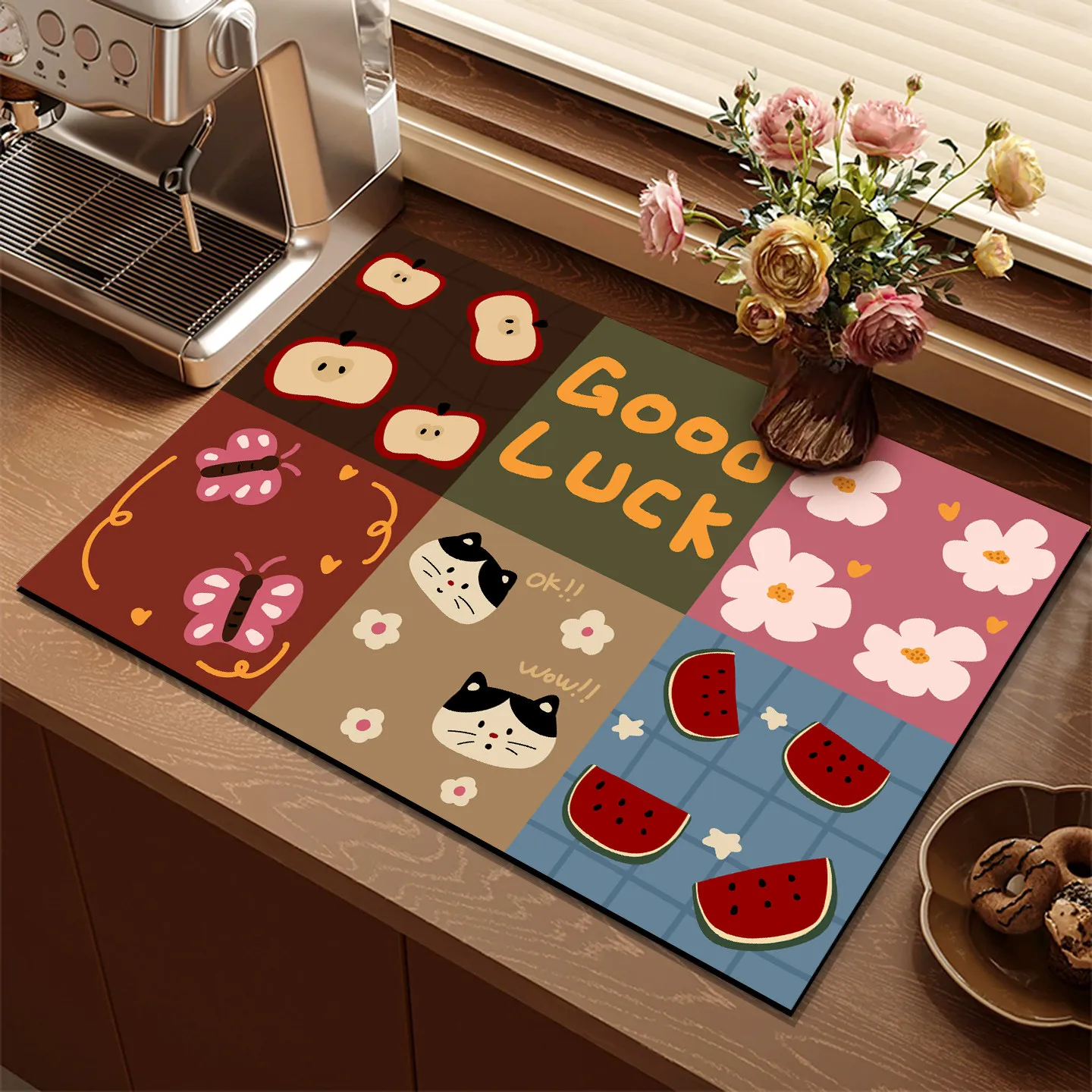VIKAMA Cartoon Patchwork Good Luck Drying Mat Cat Watermelon Apple Print Non Slip Absorbent Espresso Machine Counter Pad