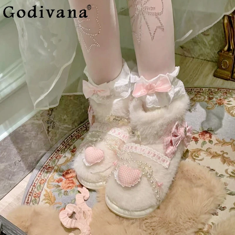 الأصلي الوردي منقوشة القوس الخريف الشتاء الثلوج الأحذية الإناث الدافئة الشارع ارتداء أحذية بوت قصيرة المرأة الحلو نمط اليابانية الثلوج الأحذية #2