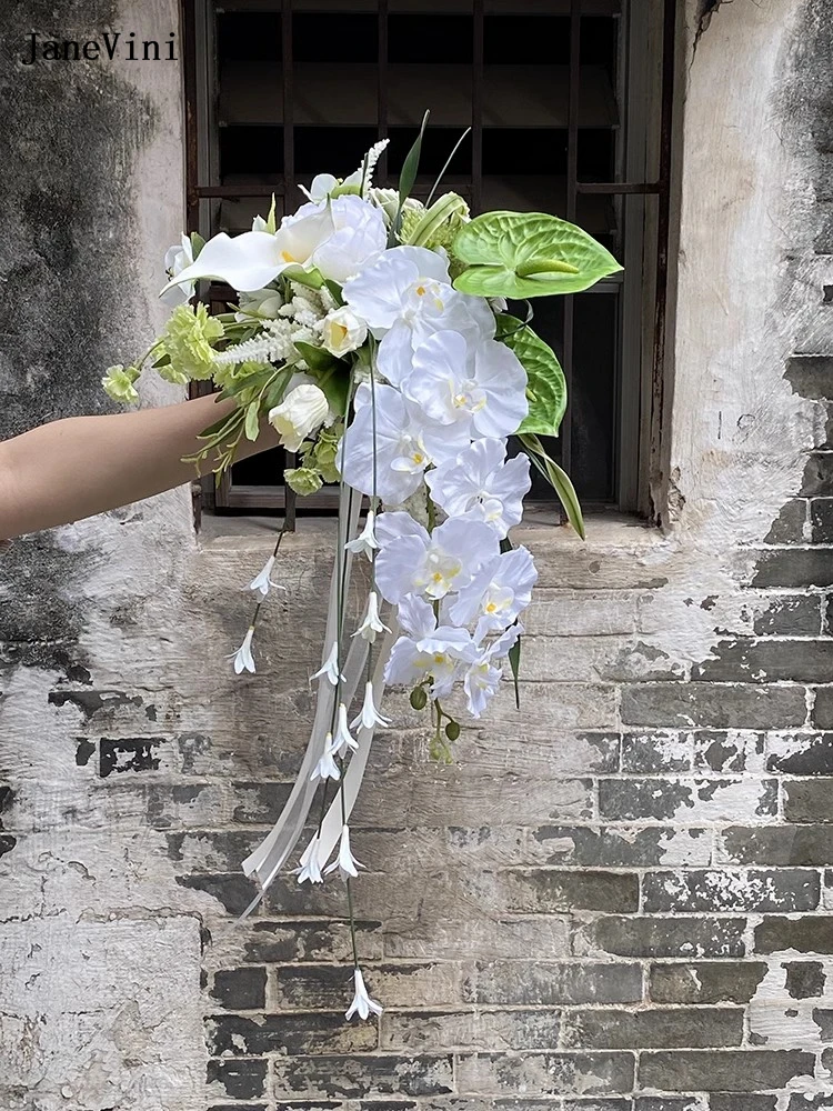 JaneVini-ramo de flores de seda en cascada para boda, ramos de polilla Artificial con orquídeas en cascada, color verde y blanco, 2024