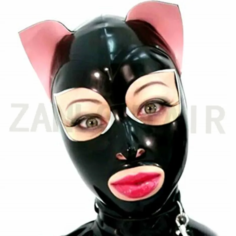 Seksowna bielizna egzotyczne kobiety unisex ręcznie robione lateksowe czarne kocie uszy śmieszne klubowe imprezowe maski zamek błyskawiczny z tyłu jednolity fetysz