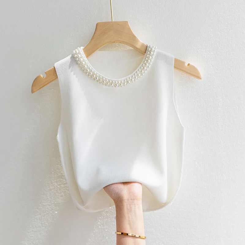 Summer New Fashion Female Sleeveless Beading Casual Thin Tops Korea Style Knitted Vests Women Solid Tank Top