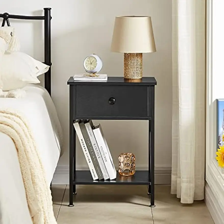 Nightstands, Modern End Side Tables,Night Stand with Drawer &Storage Shelf for Bedroom living Room Office Lounge, Black