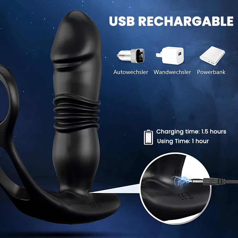 Silicone Anal Vibrator Thrusting Prostate Stimulator Massager Delay Ejaculation Lock Ring Anal Butt Plug Sex Toys Dildos for Men