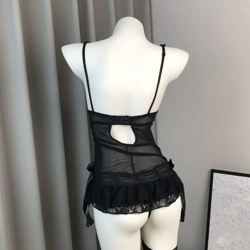 

Spicy Girl Style Bow Lace Nightgown Mesh Transparent Women Lingerie Nightwear Sleeveless Lace Sling Nightdress Ladies