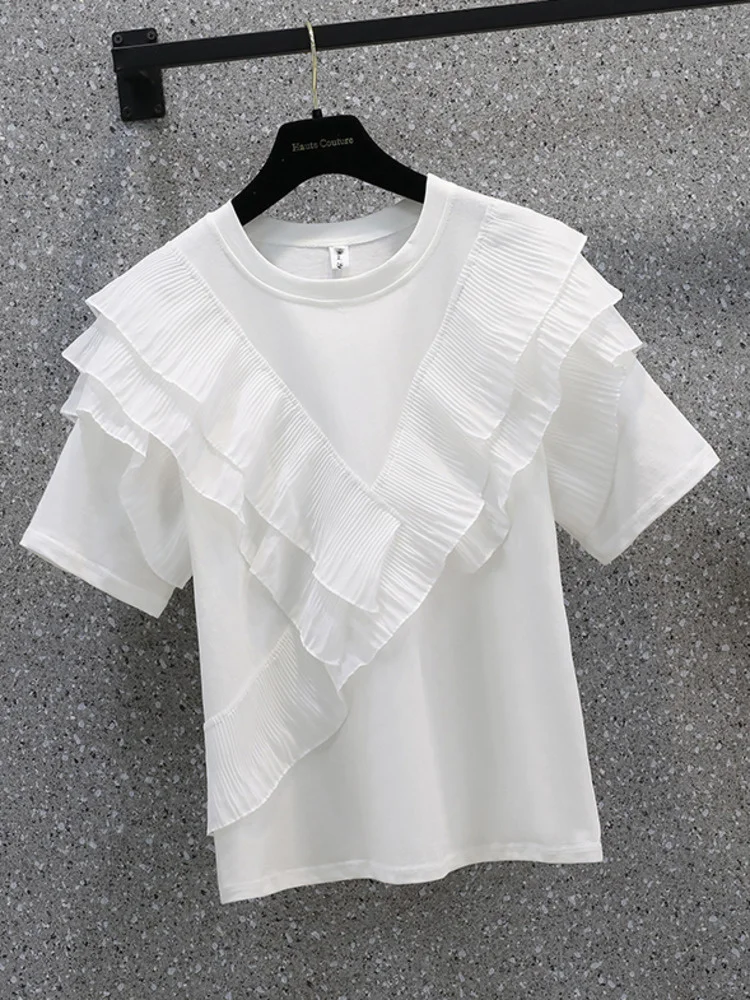 

Oversized M-4XL Chiffon Ruffles Patchwork T-shirt Woman Summer Cotton Short Sleeve Large Tshirt Loose Sweet Tees Tops Female