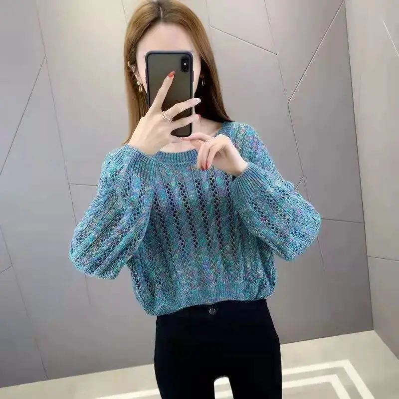 Short Hollow out Knitted Sweater Women's Compact Size Early Spring Base Layer Top with Short Skirt Commute Style Bright Thread