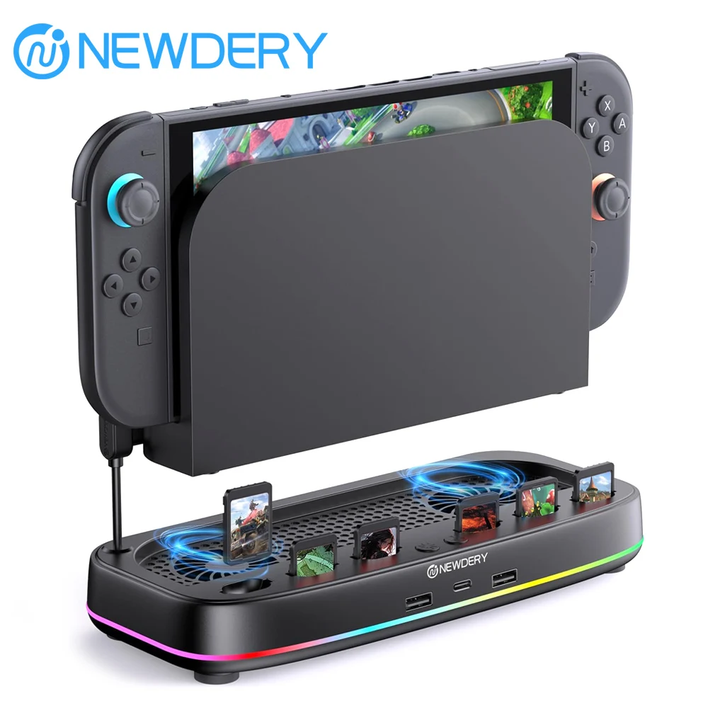 NEWDERY Cooling Fan for Nintendo Switch 2 Dock With RGB Light Modes 6 Game Card Slots & 3 USB Ports For Switch 2 Console Stand