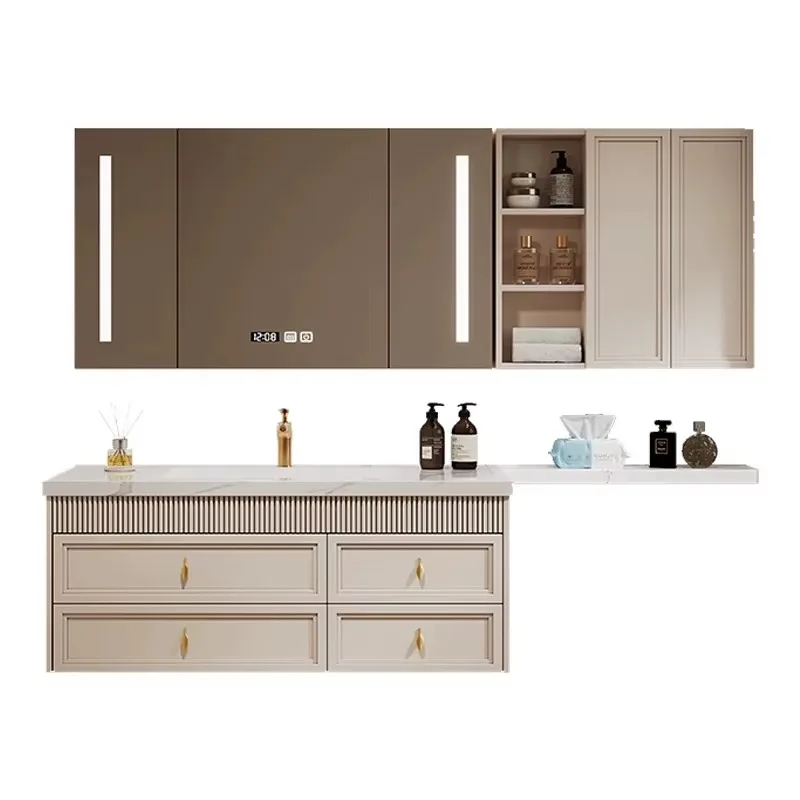 French modern style solid wood bathroom vanity cabinet with extended side panels and wall-mounted soft-closure designs