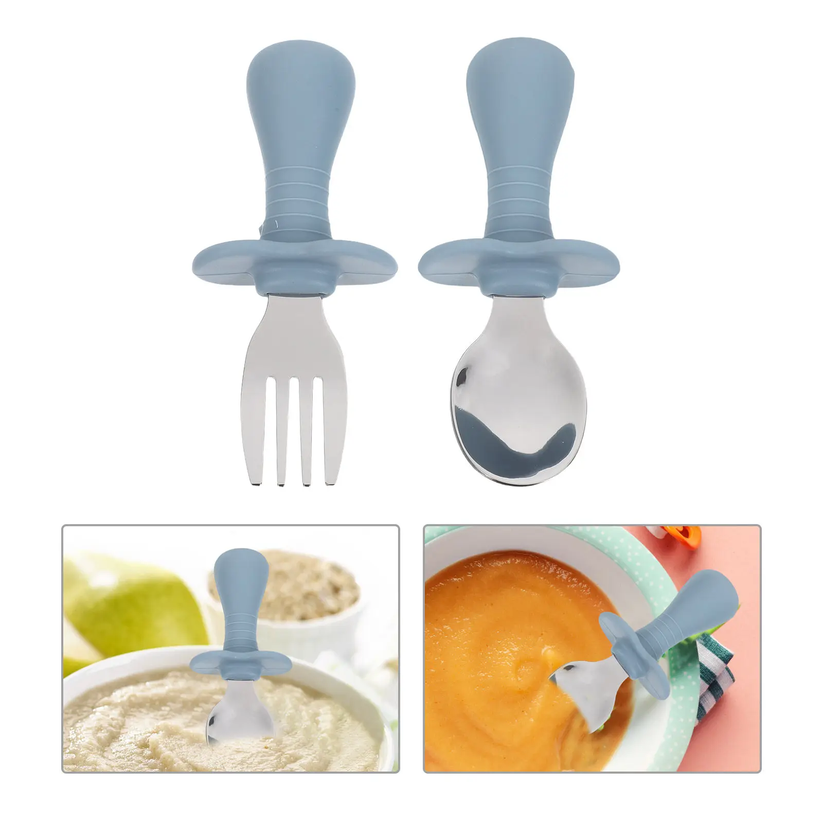 

1Set Baby Silicone Fork Spoon Set Stainless Steel Toddler Feeding Utensils Training Tools For Kids Mealtime Dining Tableware