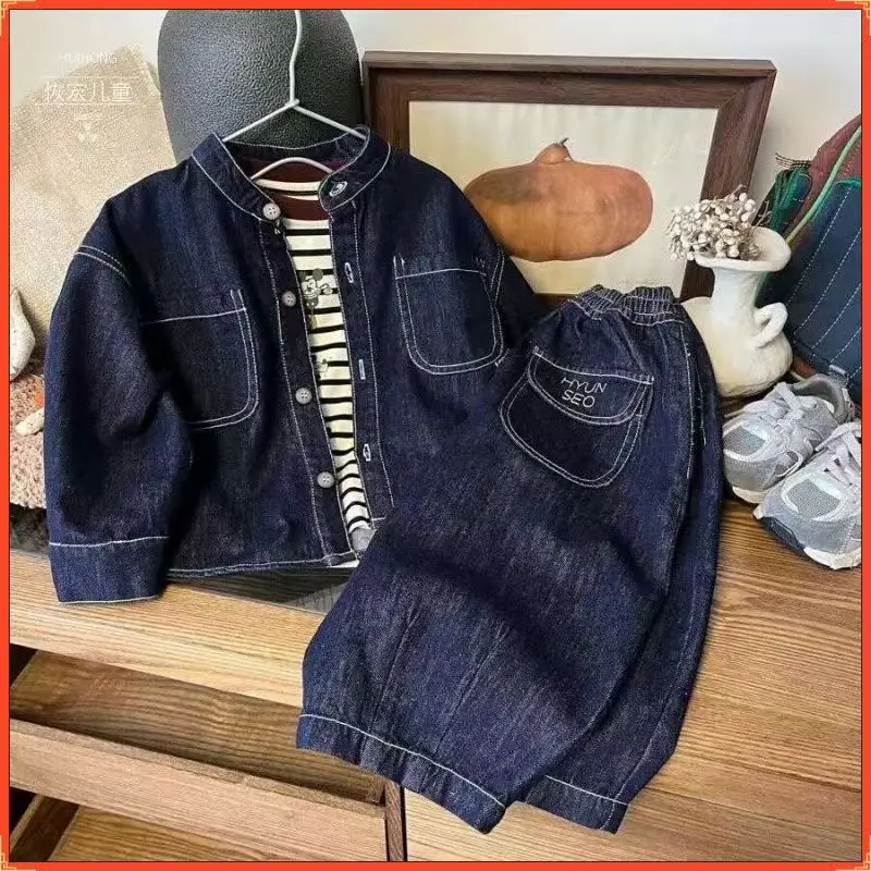 Korean Spring Autumn Sibling Costume Children's Loose Denim Jacket Jeans Suit Boys Girls Long Sleeve Top and Bottom 2 Pcs Set