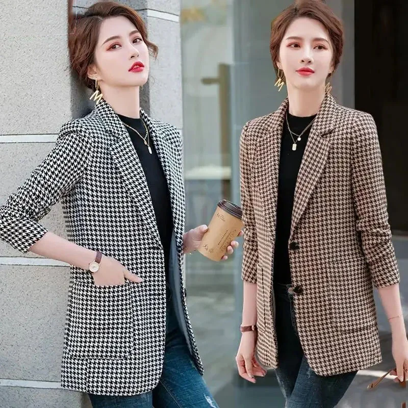 5XL Large Size Plaid Blazers Women Jacket 2024 NEW Spring Autumn Slim Suit Outerwear Korean Notched Collar Single Breasted Tops