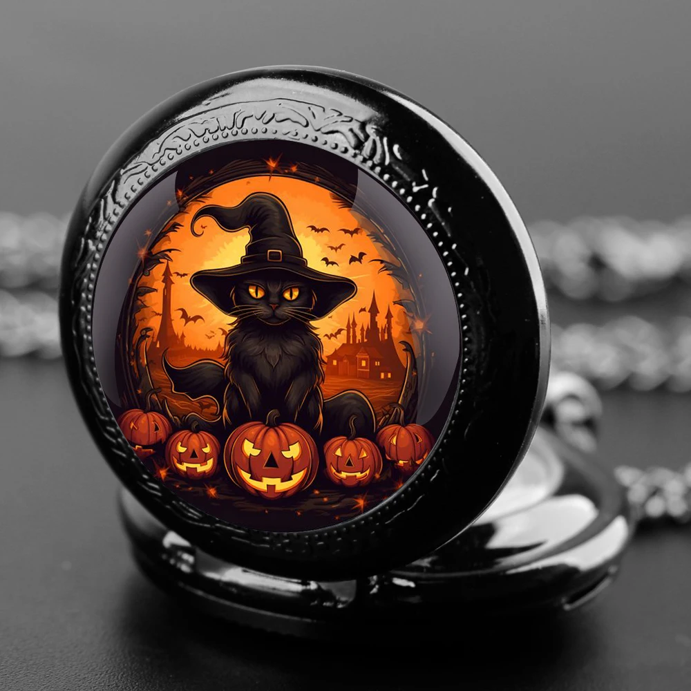 Reloj de bolsillo de cuarzo con cúpula de cristal de gato de calabaza con cadena duradera, esfera de números árabes, regalos de Halloween para hombres, mujeres y niños