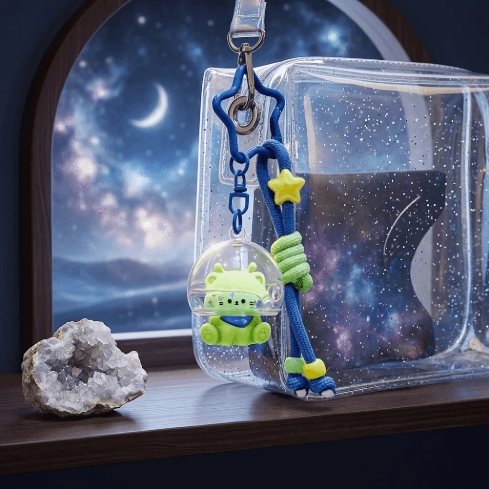 Fluffy Fabric Cat Keychain Soft Touch PP Cotton Filling Alien Kitten Odorless Polyester Lightweight Portable Keychain