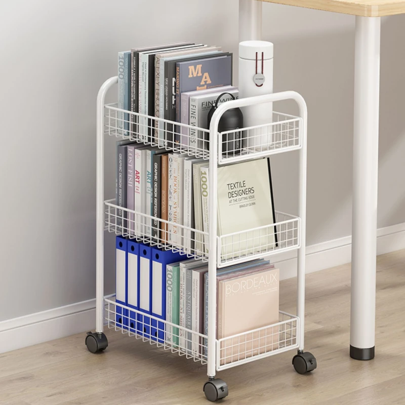 Small bookshelf with wheels under the table, movable book storage and storage rack, simple bookshelf by the table, floor to