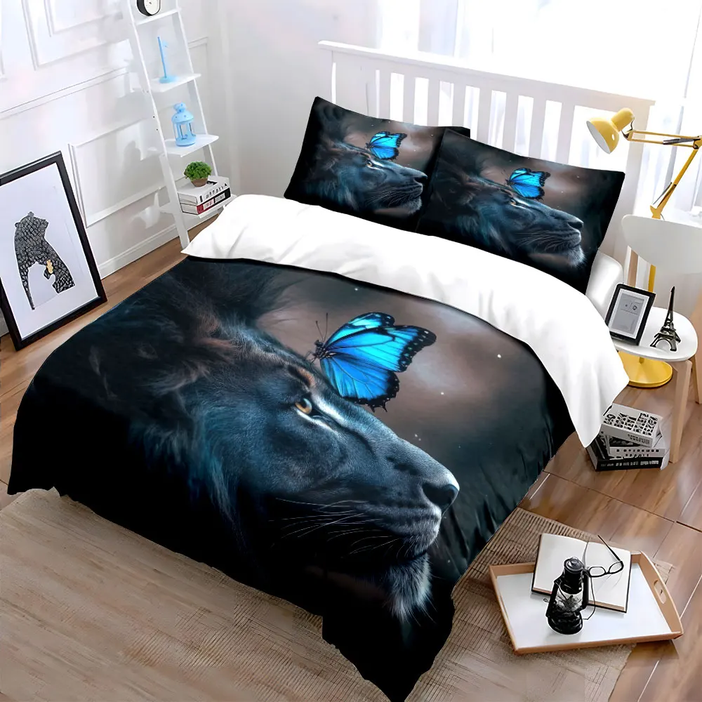 Lion and Butterfly Decor Set Soft Skin-Friendly Bedding Set Includes 1 Duvet Cover And 2 Pillowcase, Gift