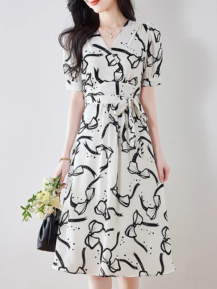 2026 White Chiffon Print Butterfly Casual Midi Dress Women Short Sleeve Bodycon Bandage Dress Summer New Korean One Piece Dress