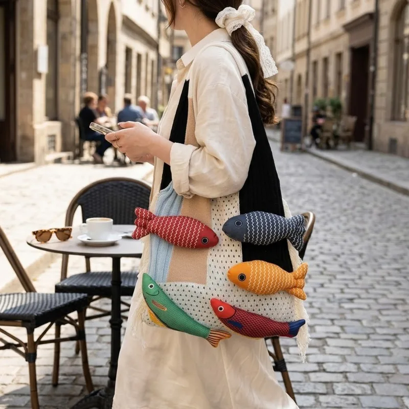 

Tote Bag Large Capacity Tassel Patchwork Knit Houndstooth Accent Versatile Everyday Travel For Women Birthday Gift Boho Chic