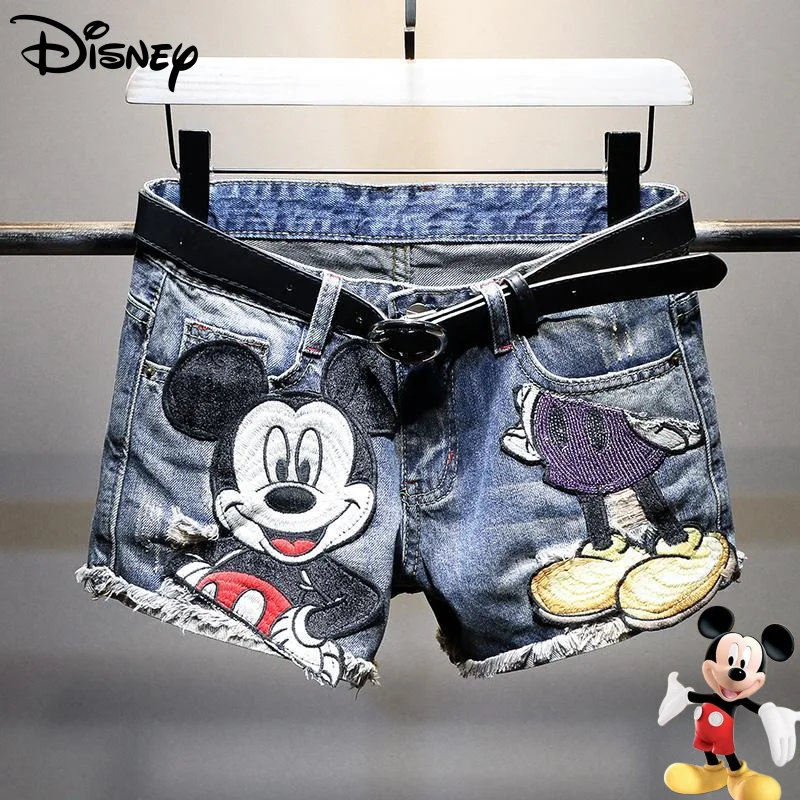 

Disney Kawaii Mickey Girls Summer New Loose Cute Fashion Cartoon Embroidery Design Casual High Waist Wide Leg Soft Jean Shorts