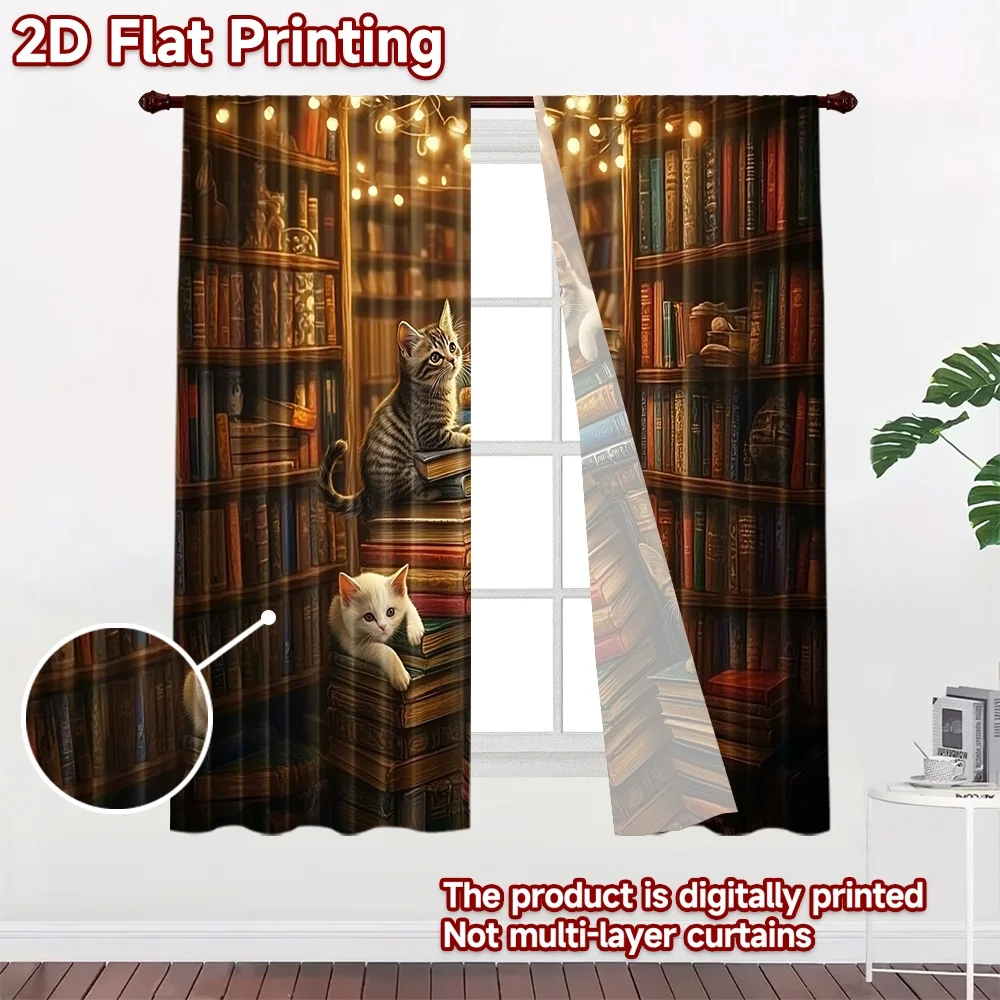 2D flat 2pcs Curtain Home Short Curtains Kittens in Library Durable polyester fiber Party Decorations for All Occasions for