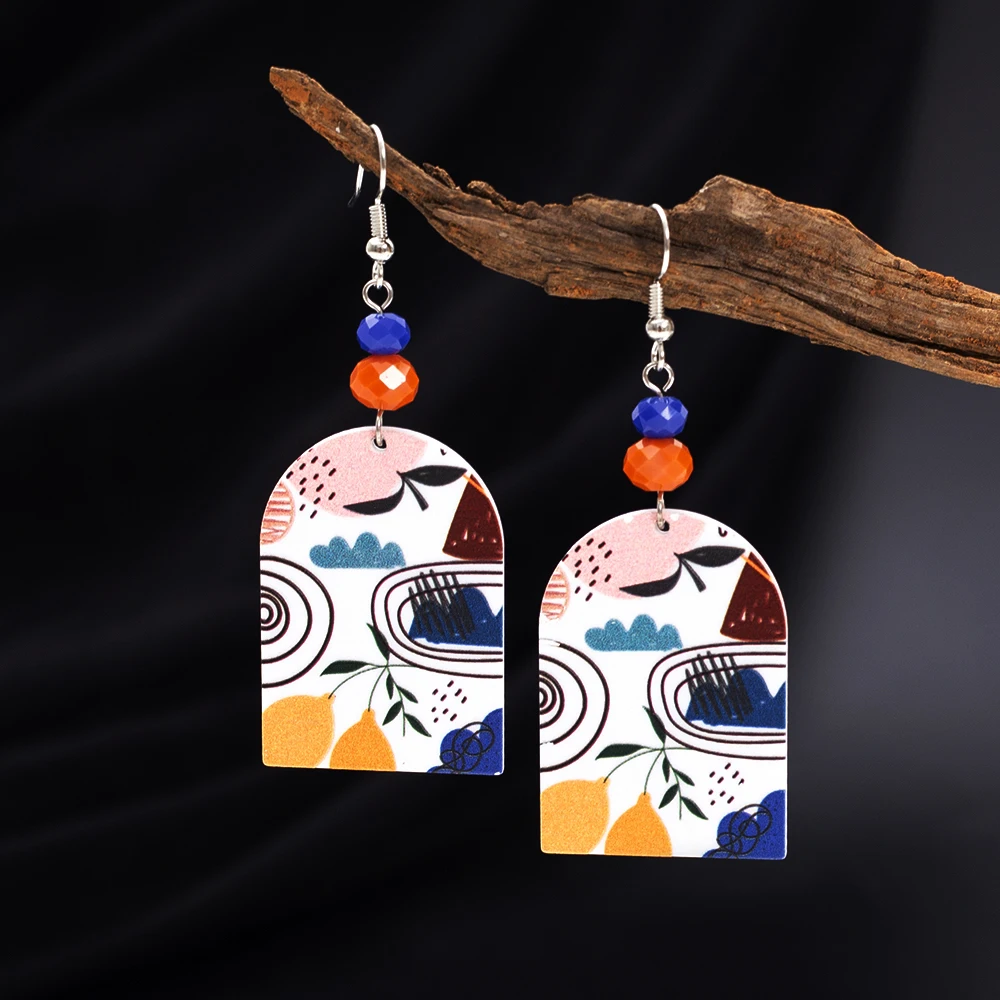 New Geometric Arch Shaped Vintage Earrings For Women Acrylic 3D Printing Hazy Landscape Patterns Personality Daily Wear Jewelry