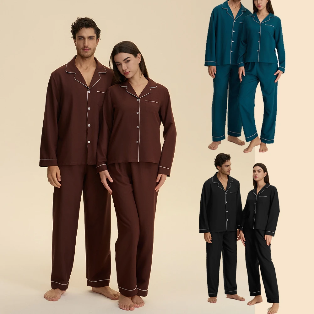 

Spring Autumn New Couples Sleepwear Pajamas Set Silky Satin Long Sleeve Trouser Pijamas Suit Fashion Casual Homewear Loungewear